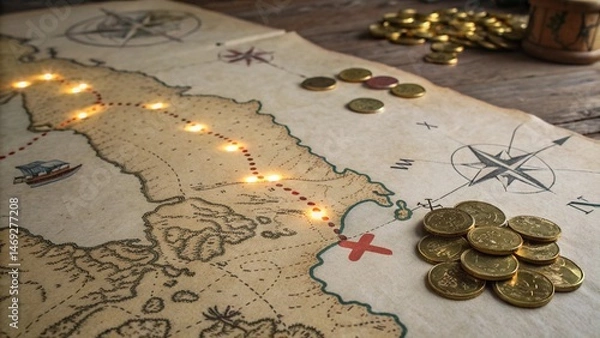 Obraz Vintage Treasure Map with Coin Trail Leading to Glowing X Mark on Aged Parchment