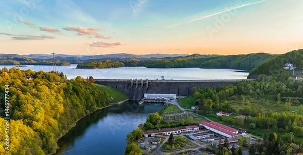 Fototapeta A panoramic view from a drone of the dam and Zalew Solina, called the Bieszczady sea, an artificial reservoir created by damming the waters of the San River