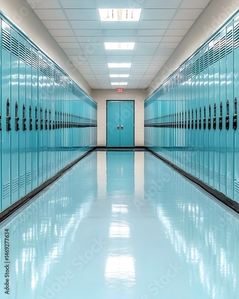 Fototapeta A long school hallway with light blue lockers and a shiny floor