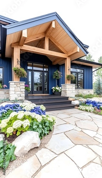 Fototapeta A modern farmhouse exterior with a blue siding and wood accents. The front door is a double glass door with a black frame. There is a stone path leading up to the porch