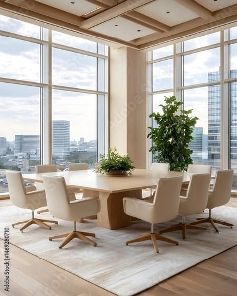 Fototapeta A spacious, modern conference room with large windows offering a panoramic city view, featuring a long wooden table surrounded by white chairs and a large potted plant