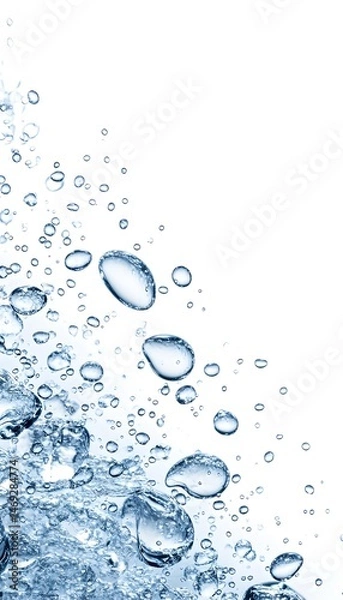 Fototapeta Close-up of water droplets and bubbles rising against a white background