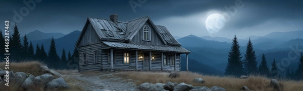 Obraz Serene Nightfall at Rustic Cabin: Under the watchful gaze of the full moon, a quaint cabin stands nestled amidst serene mountains, exuding an aura of rustic tranquility and the allure of rural living.