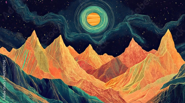 Fototapeta Colorful mountains under a night sky. Orange sun AI generative