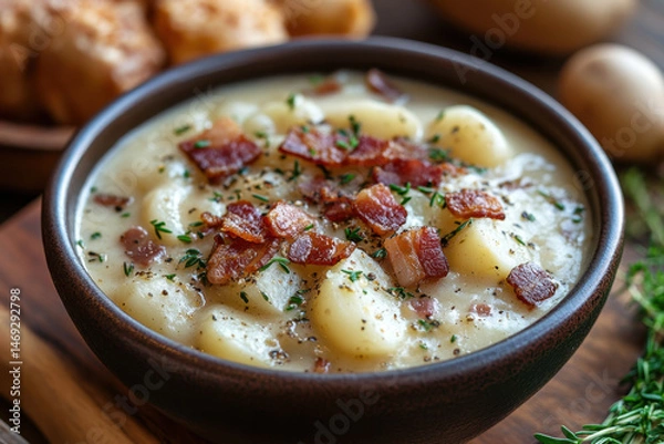Fototapeta Bowl of potato soup topped with bacon and parsley.