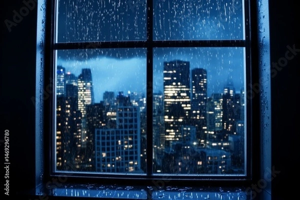 Fototapeta Rainy Night Cityscape View - A captivating view of a city skyline at night, seen through a rain-streaked window. City lights twinkle against a dark, stormy sky