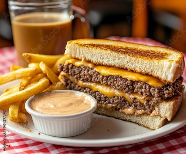 Fototapeta Melted cheese burger on toasted bread, served with fries and dipping sauce