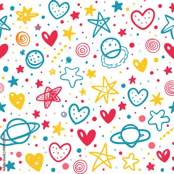 Fototapeta Colorful kids' pattern with hearts, stars, and planets