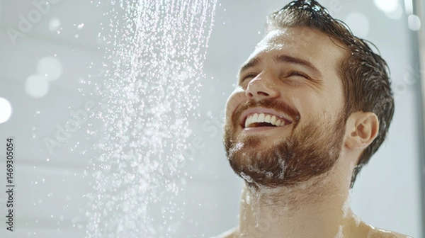 Fototapeta Happy man enjoying refreshing shower, water droplets cascading down his face, creating joyful atmosphere