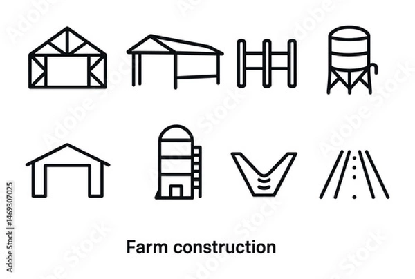 Fototapeta Farm construction outline icons set – linear, barn, silo, agriculture symbols