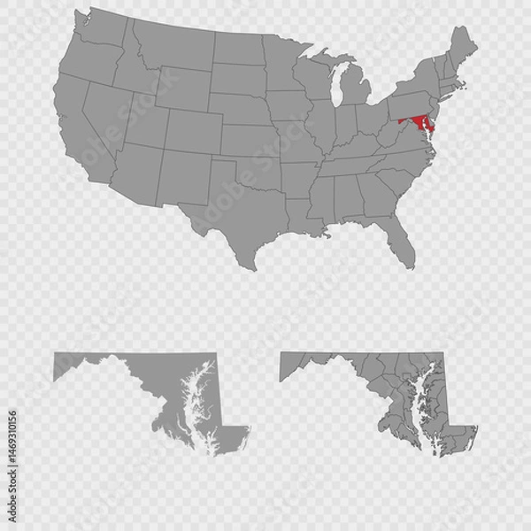 Fototapeta Maryland map set with USA location, clean outline, and full county breakdown.
