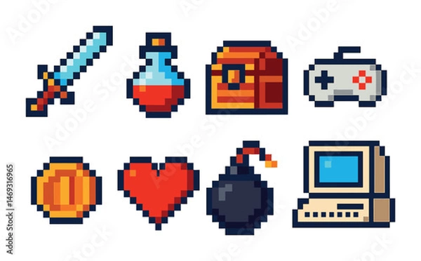 Obraz Retro gaming pixel art icons set – pixelated, 8-bit, video game symbols