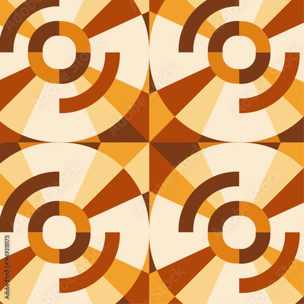 Fototapeta Seamless retro-style pattern in warm orange and brown tones with abstract geometric circles. Ideal for textile prints, autumn packaging, surface design, stationery, wall art, and commercial use.