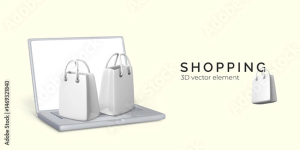 Fototapeta Online Shopping Concept with 3D Shopping Bags Emerging from Laptop on Light Background. Perfect for E-Commerce, Retail, and Digital Marketing Themes. 3D Vector Illustration
