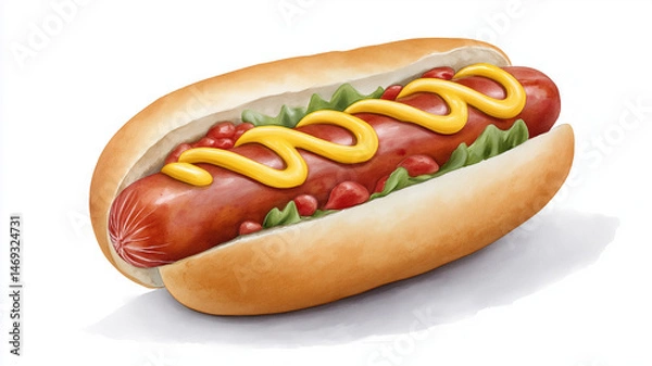 Fototapeta Watercolor illustration of hot dog with mustard and ketchup on bun with lettuce, isolated on white background, showing delicious and appetizing food item