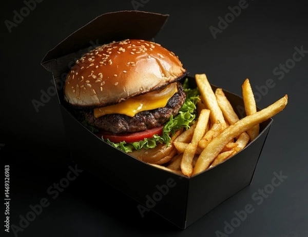 Fototapeta Gourmet burger and fries in a takeout box
