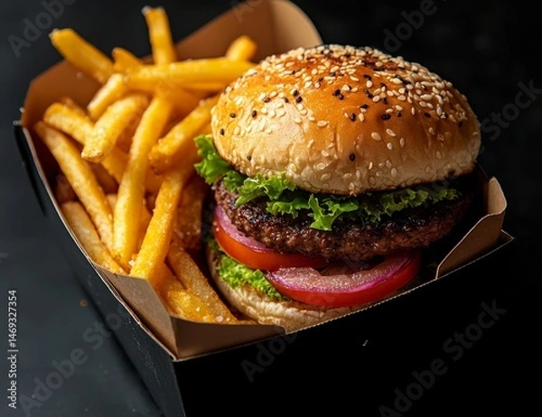 Fototapeta Freshly made burger and fries in a box.  A juicy beef patty, crisp fries, and toppings nestled within a paper container