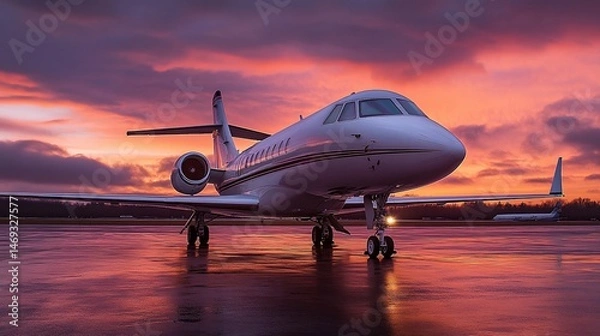 Obraz Private jet bathed in the warm colors of sunset at the airfield terminal