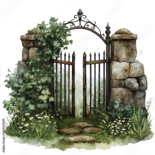 Fototapeta Rustic iron gate with stone pillars and green ivy surrounded by grass and white flowers, creating peaceful and inviting garden entrance