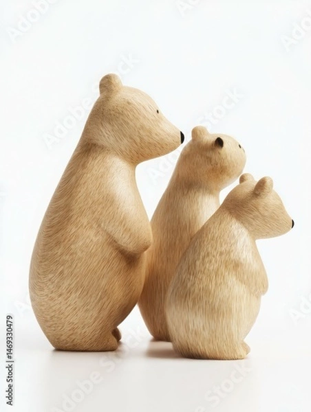 Fototapeta Three cute wooden polar bear figurines, side view, white background, high-resolution photography.