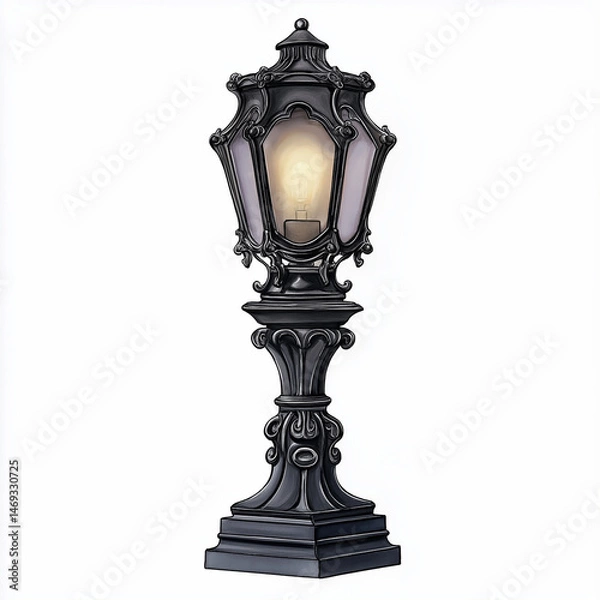 Fototapeta Black vintage lamp with ornate design and glowing light bulb, classic decorative street lamp with intricate details and elegant base, charming outdoor lighting fixture