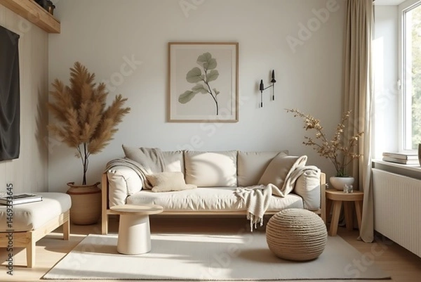 Fototapeta Neutral Living Room with Linen Sofa and Minimalist Decor, Inviting and Serene Space.                                                                  