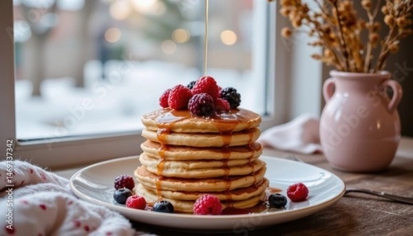 Fototapeta Stack of Fluffy Pancakes Topped with Fresh Berries and Maple Syrup by a Window in Winter