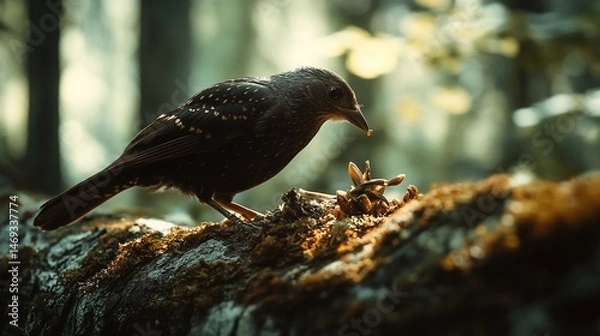Obraz Elegant bird perched on a mossy branch in natural habitat forest background