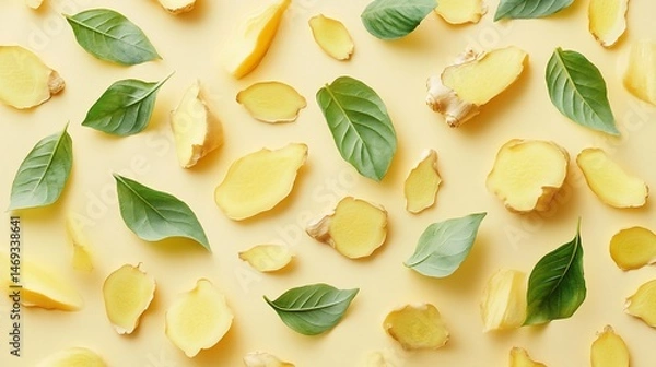 Obraz Flat Lay Ginger and Basil Leaves on Pale Yellow Background for Wellness