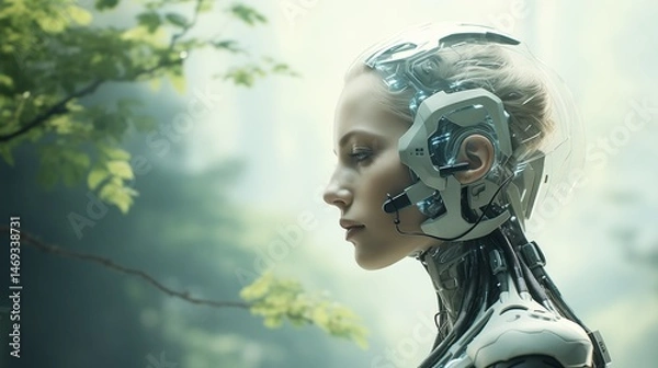 Fototapeta Where Forest Meets Circuit: A Cyborg’s Contemplation in Nature