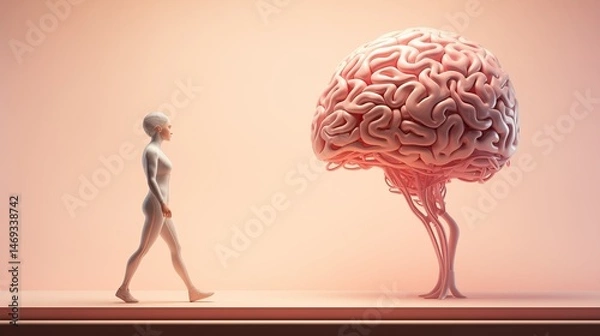 Fototapeta Futuristic Female Avatar Walking Toward Brain Structure in Minimalist Space