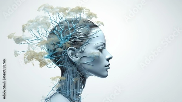 Fototapeta Nature Grows Inside the Machine: The Futuristic Fusion of Mind and Tech