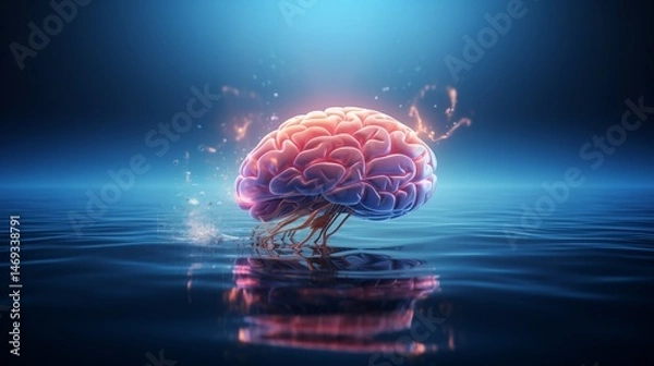 Fototapeta Neural Brain Floating in Tranquil Blue Water Representing Mind and Clarity