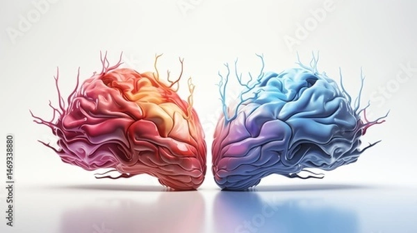 Fototapeta Red and Blue Brain Halves Merging in Abstract Medical Anatomy Concept
