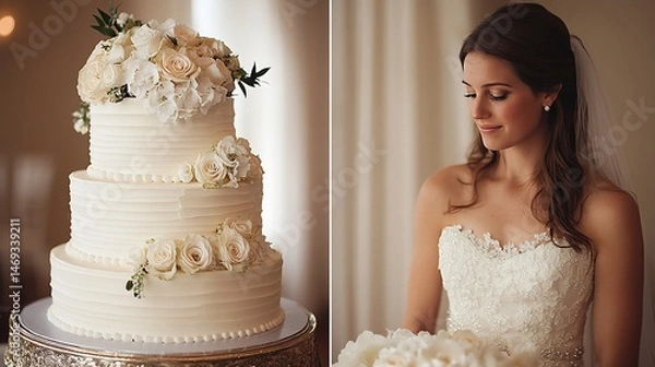Obraz Elegant wedding scene featuring a bride and a tiered cake adorned with flowers
