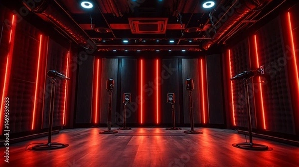 Obraz Sleek podcast studio illuminated by vibrant red neon lighting equipment