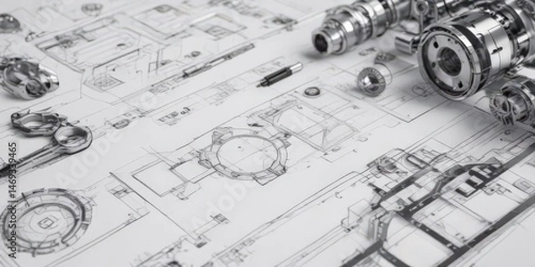 Obraz Clean white background, black outlined technical drawings of geometric shapes and mechanical parts , visual, photo, structure