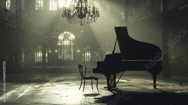 Obraz Atmospheric Grand Piano in an Abandoned Ballroom, Illuminated by Sunlight