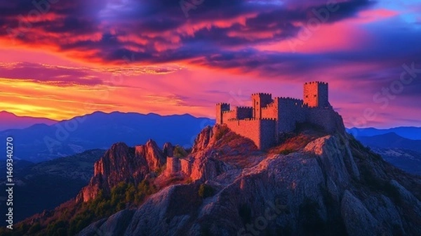 Obraz Dramatic Sunset Illuminates Ancient Fortress on a Mountain Peak