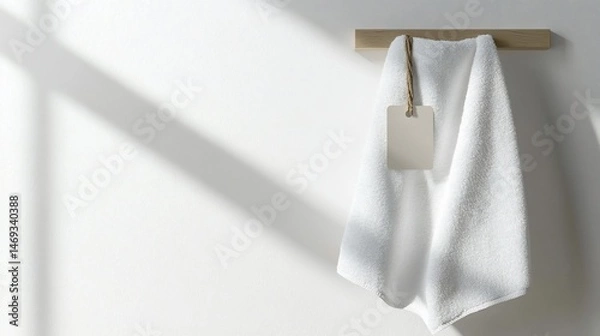 Obraz A Clean White Towel Hanging with a Label on a Light Wood Bar Display
