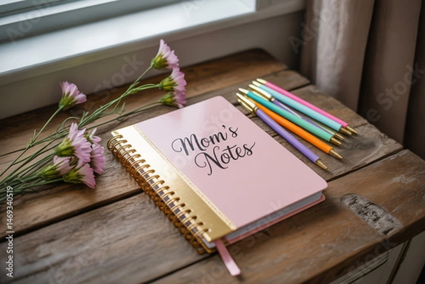 Obraz Still Life Featuring Moms Notes Pink Notebook Pastel Pens And Fresh Flowers On Rustic Wooden Surface