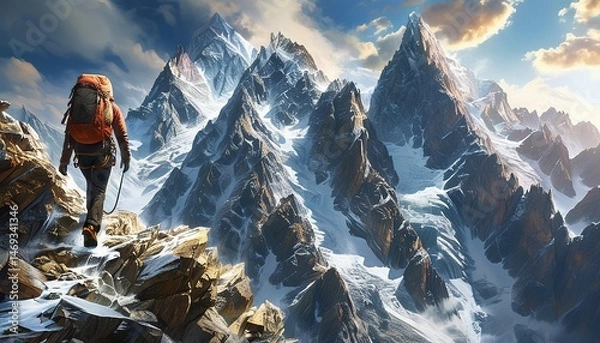 Fototapeta Fearless climber reaching for the sky, epic journey through majestic snow-covered mountains