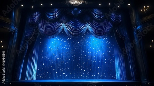 Obraz Theatrical Stage with Blue Velvet Curtains and Decorative Starry Patterns