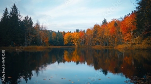 Obraz Autumn Reflection in Tranquil Lake Waters with Vibrant Trees and Blue Sky