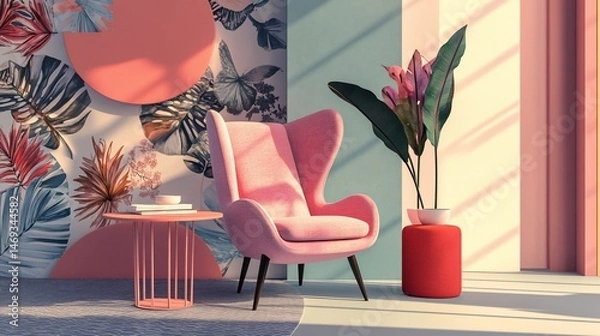 Obraz Elegant interior scene featuring a pink armchair and decorative elements