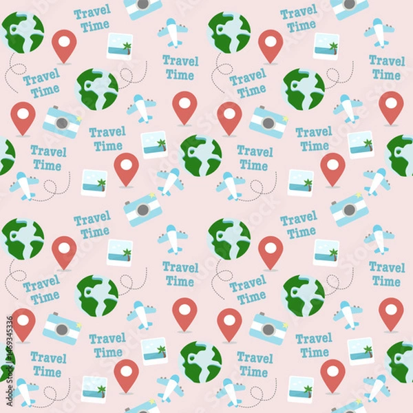Fototapeta Seamless Travel Vector Pattern with Camera, Globe, Plane, and Location Icons