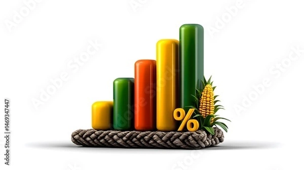 Obraz Bar graph with three colorful columns and floating percentage symbols, on a flat white surface. 