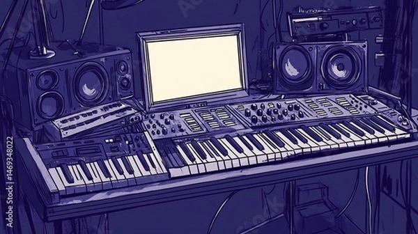 Obraz Stylized illustration capturing a music production setup with synthesizers