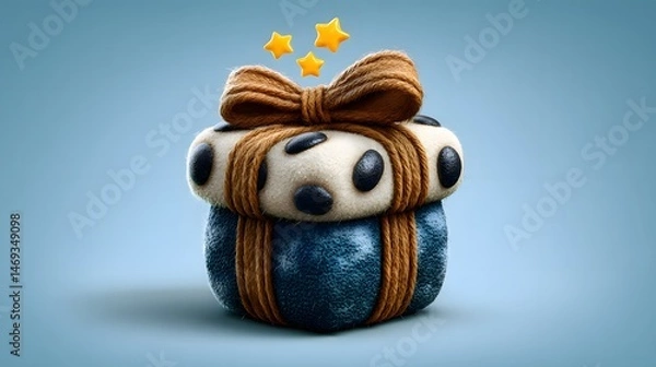Fototapeta Gift box with ribbon, sparkling stars above, soft shadows and isolated light surface. 