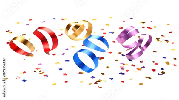 Fototapeta colorful curling ribbons and confetti isolated png transparent cutout